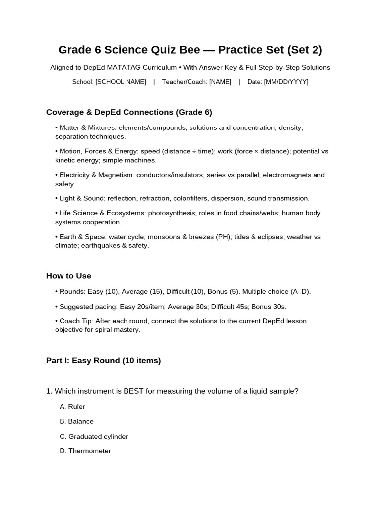 Grade 6 Science Quiz Bee Practice Set 2 | PDF | Moon | Water