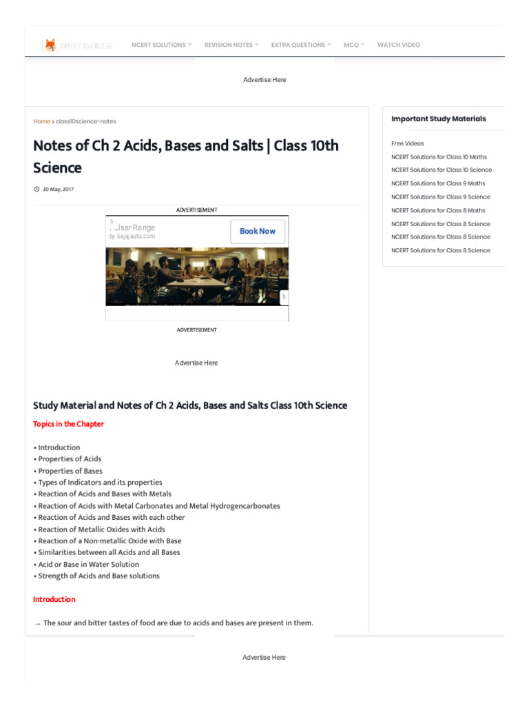 Class 10 Acids, Bases, and Salts Notes | PDF | Acid | Ph