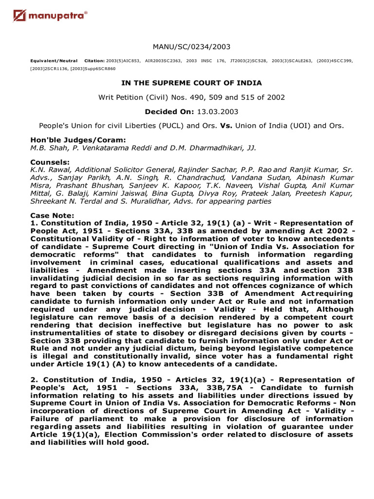 People's Union For Civil Liberties Vs Union of India | PDF | Elections ...
