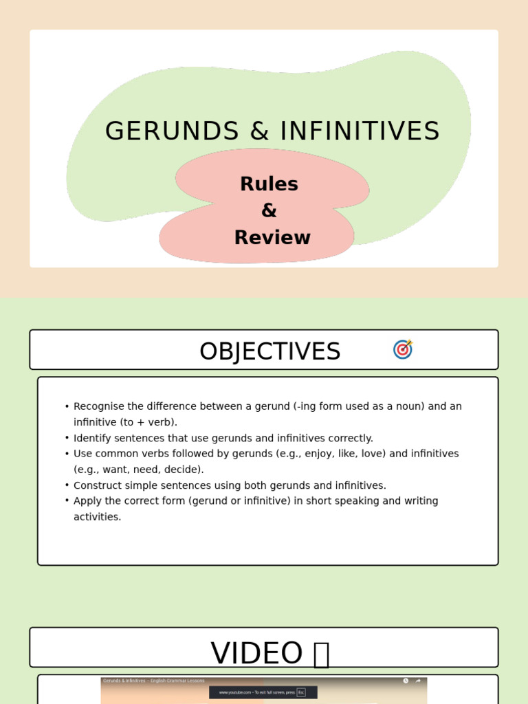 Lesson 1.2 Gerunds & Infinitives Grammar Presentation in Colorful Bold ...