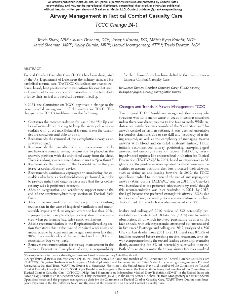 TCCC Airway Management Guidelines Update | PDF | Major Trauma ...