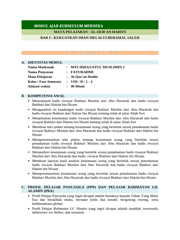 Modul Ajar Al Quran Hadis Kelas 8 Bab 3 Modulguruku Com Pdf