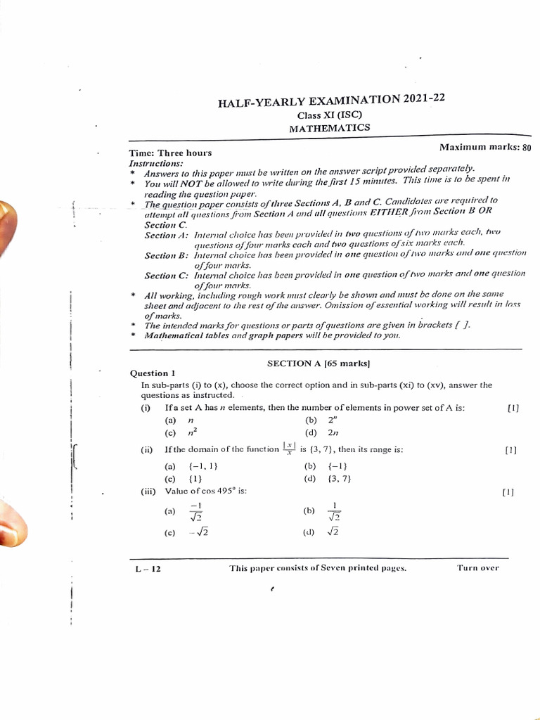 Class XI ISC Mathematics Exam Paper | PDF | Elementary Geometry ...