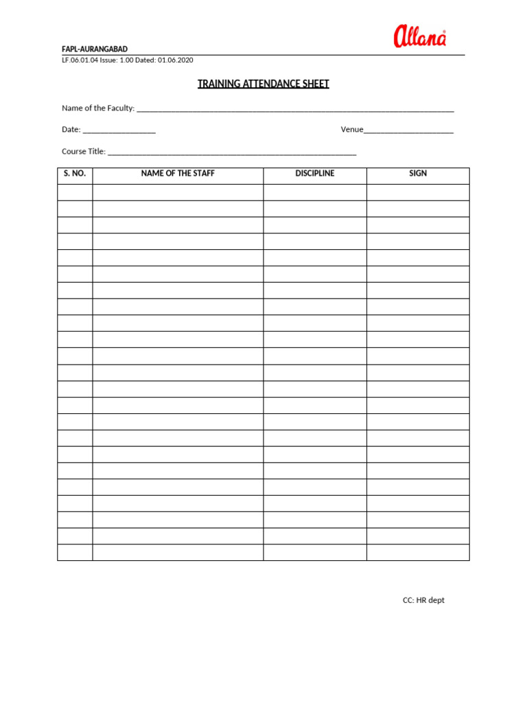 Training Attendance Sheet Template | PDF