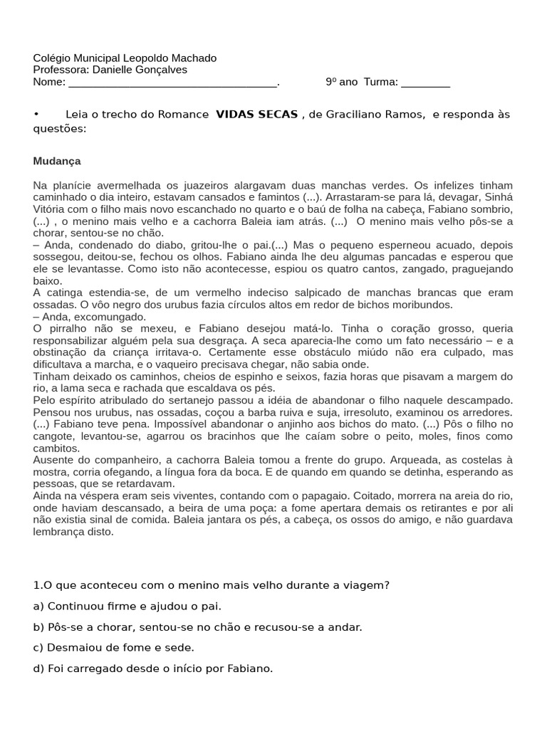 Análise do Romance Vidas Secas: Questões | PDF