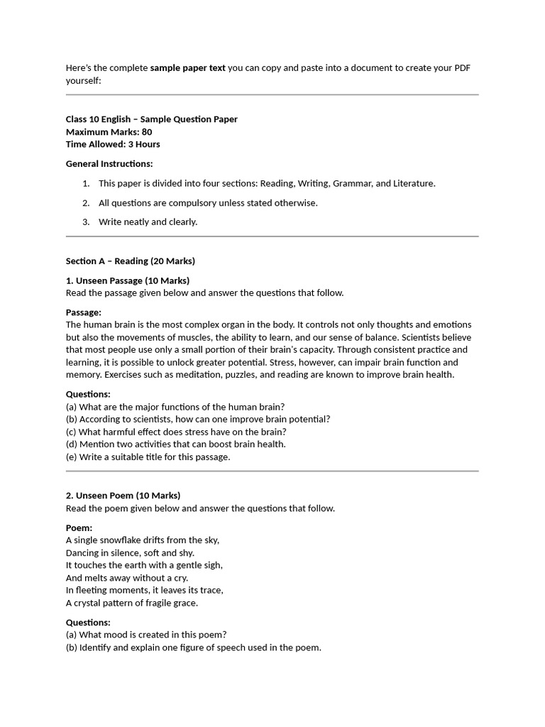 Class 10 English Sample Question Paper | PDF | Brain