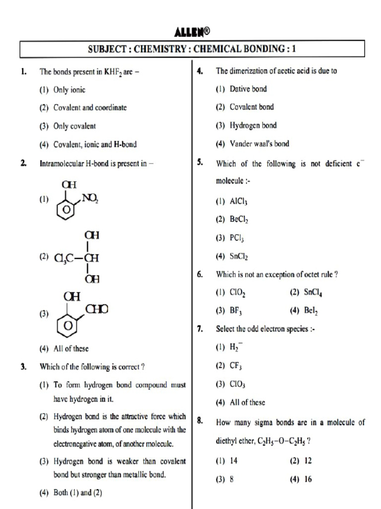 Chem. Bonding Practice-1 With Answer Key | PDF | Chemical Bond ...
