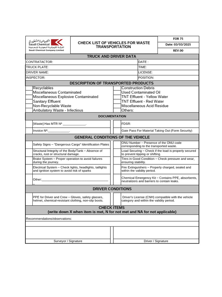 Waste Transportation Vehicle Checklist | PDF | Waste | Vehicles