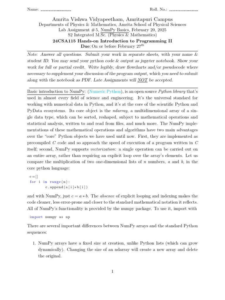 NumPy Basics Lab Assignment Guide | PDF | Computer Programming ...