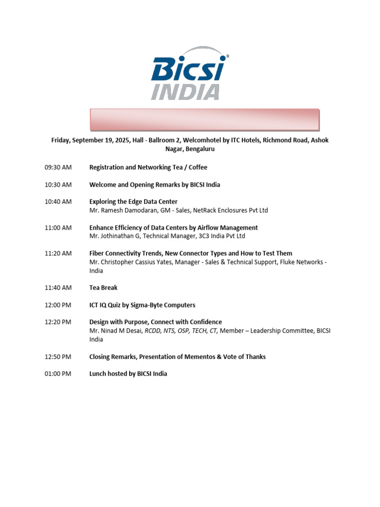 BICSI India Technology Seminar Agenda | PDF