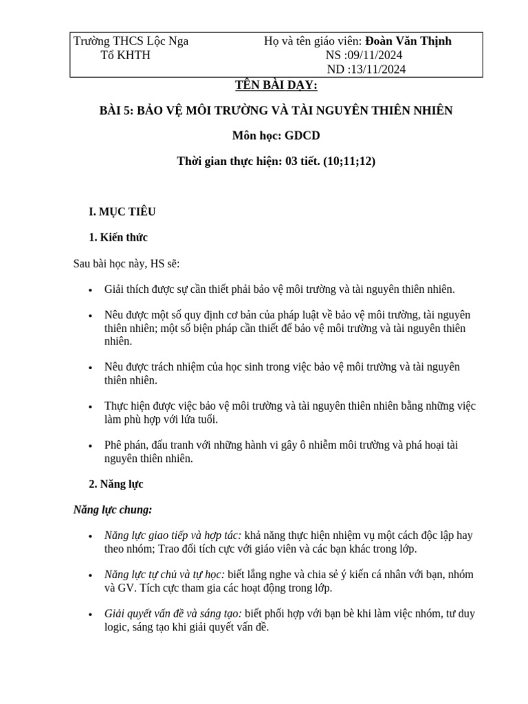 TIẾT 10;11;12 - BÀI 5 BVMT&TNTN | PDF