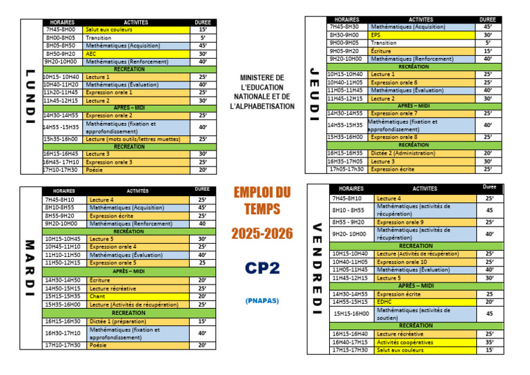 Emploi du temps CP2 2025-2026 | PDF | la communication | Communication ...