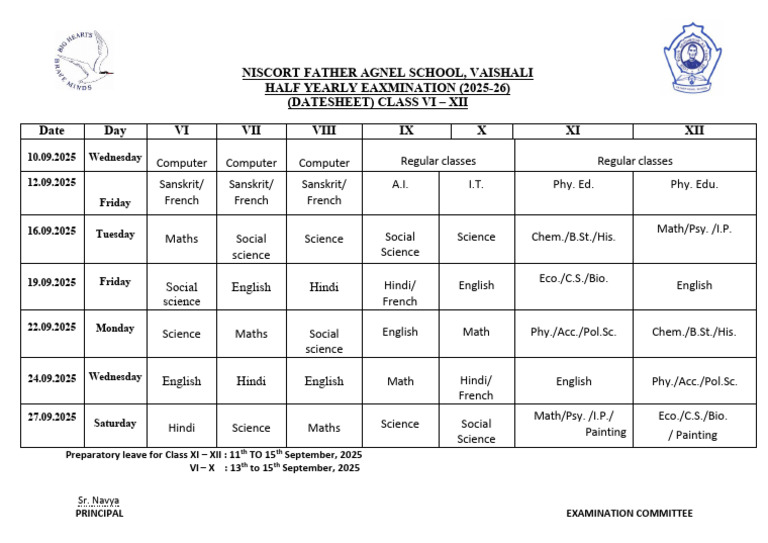 Half Yearly Exam Datesheet 2025-26 | PDF