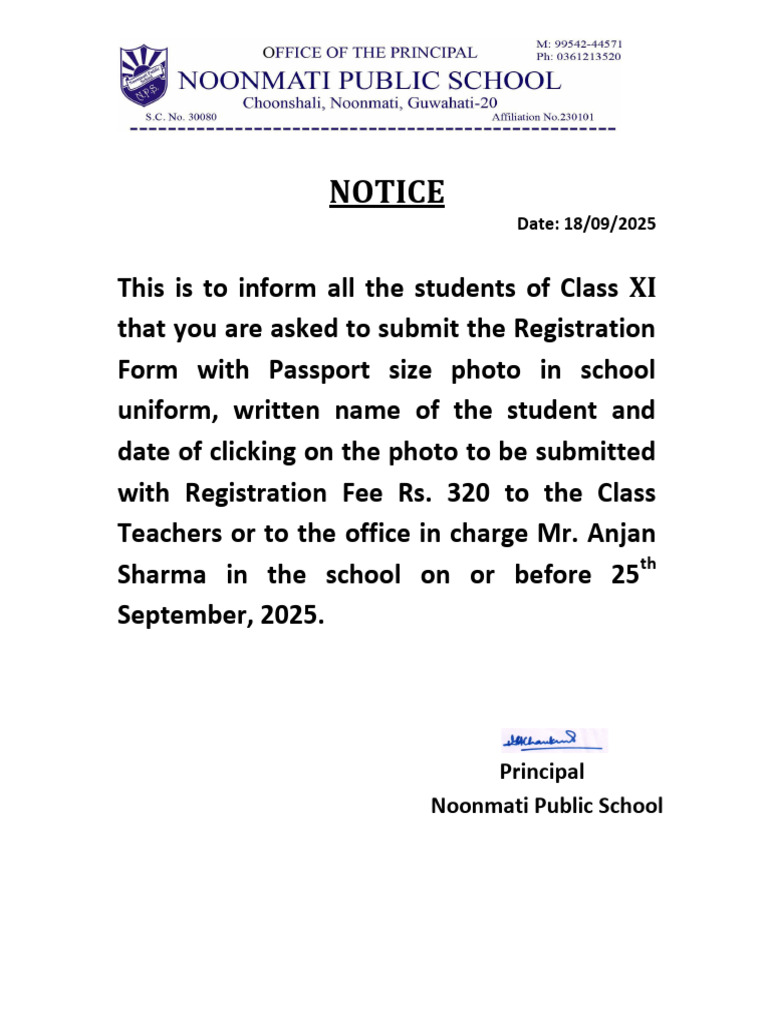 Notice About Registration Fee To Class XI | PDF