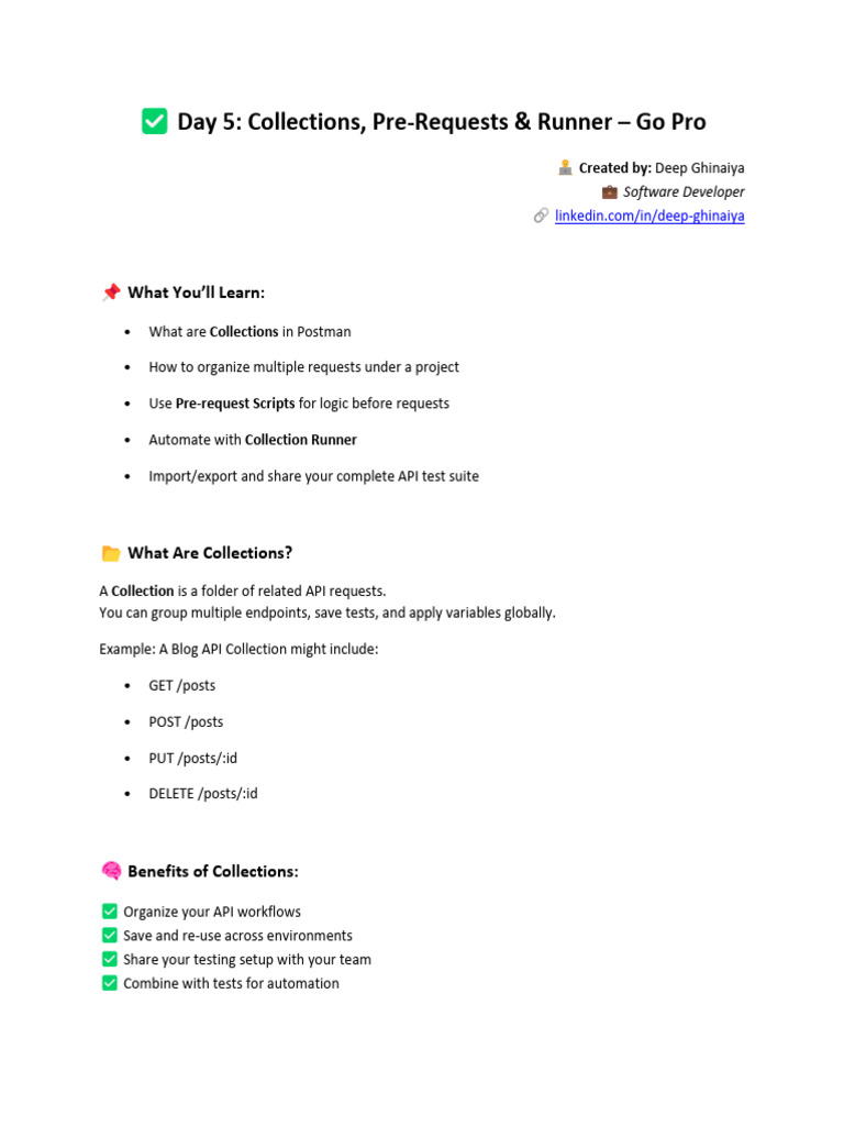 Day 5 Collections, Pre-Requests & Runner - Go Pro | PDF