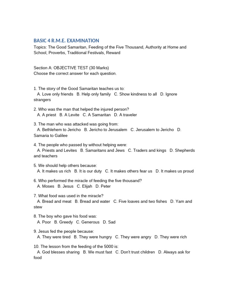 Basic 4 R.M.E. Exam Questions & Answers | PDF | Jesus
