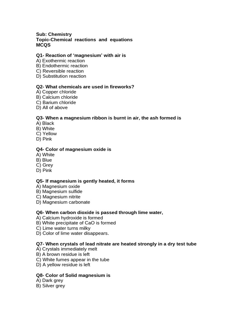 Chemical Equations and Reactions - MCQs | PDF | Oxide | Chemical Reactions