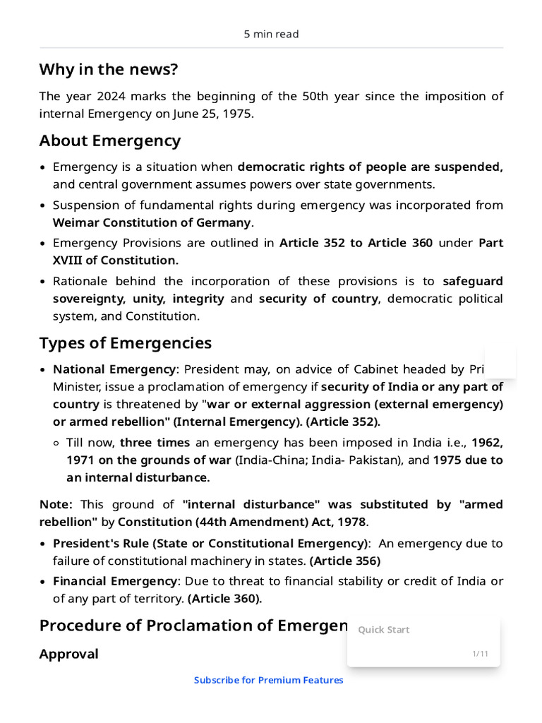 Internal Emergency - Current Affairs - Vision IAS | PDF | State Of ...