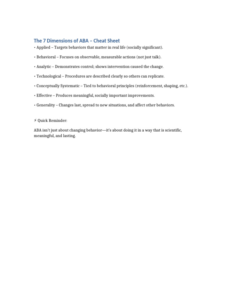 7 Dimensions of ABA Cheat Sheet | PDF