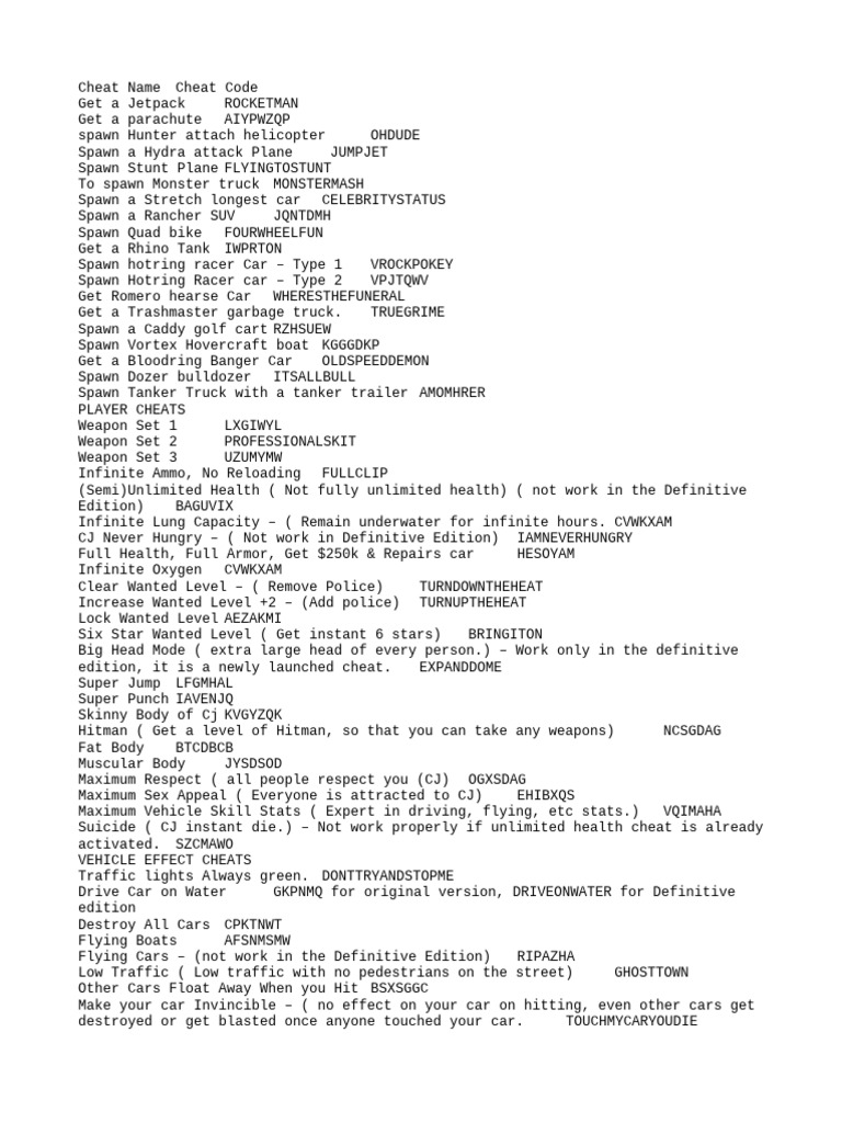 GTA San Andreas Cheat Codes Overview | PDF | Vehicles | Transport