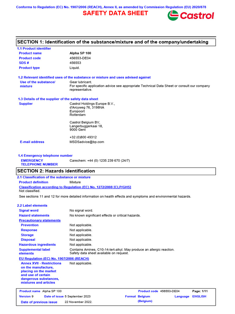 Castrol Alpha SP 100 Safety Data Sheet | PDF | Chemistry
