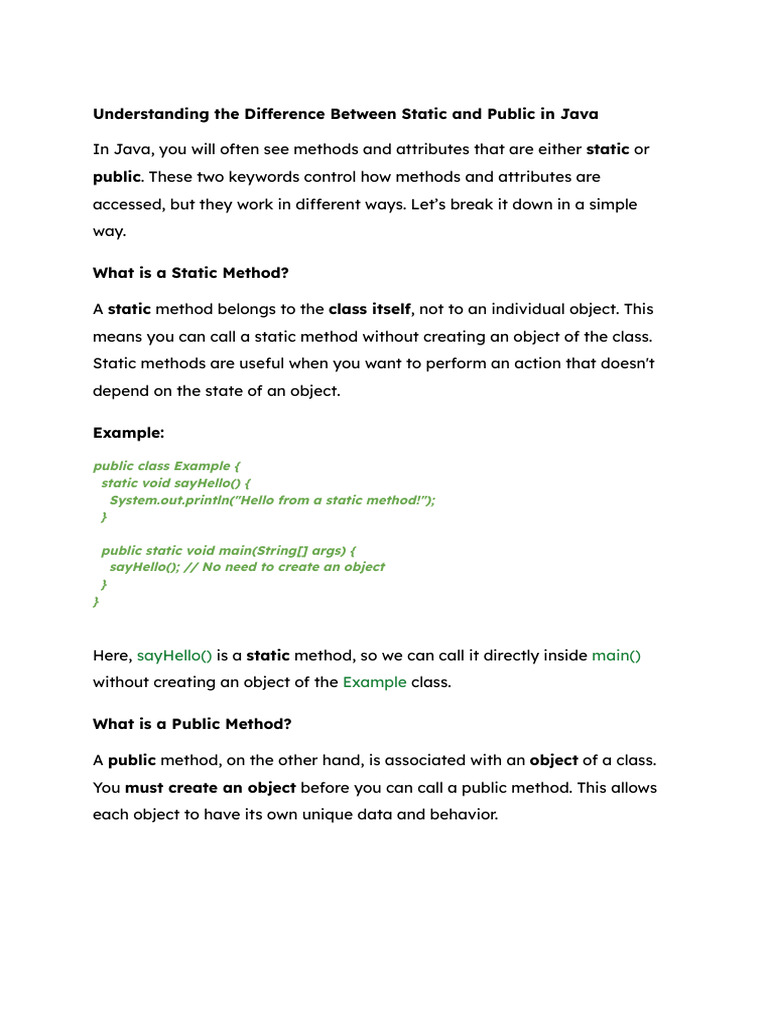 Static vs Public Methods in Java | PDF