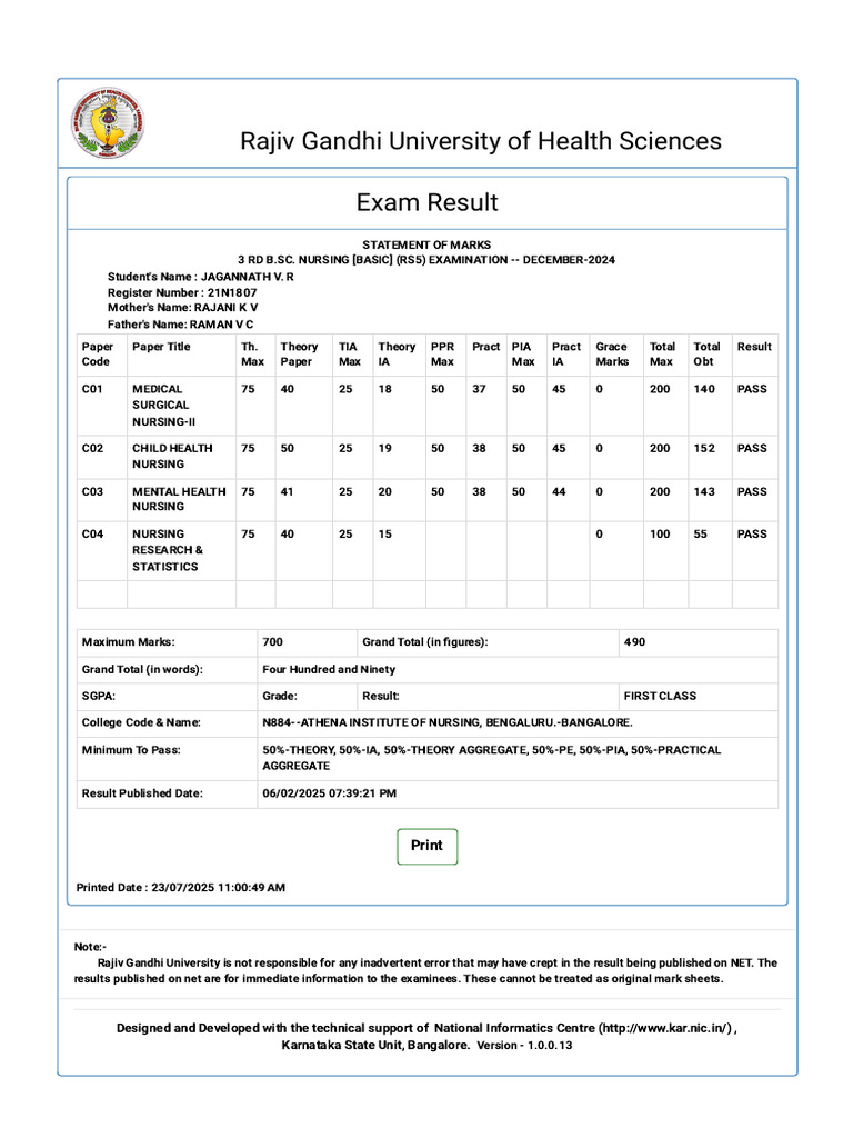 Jagan 21N1807 EMS Result 3 RD Year | PDF