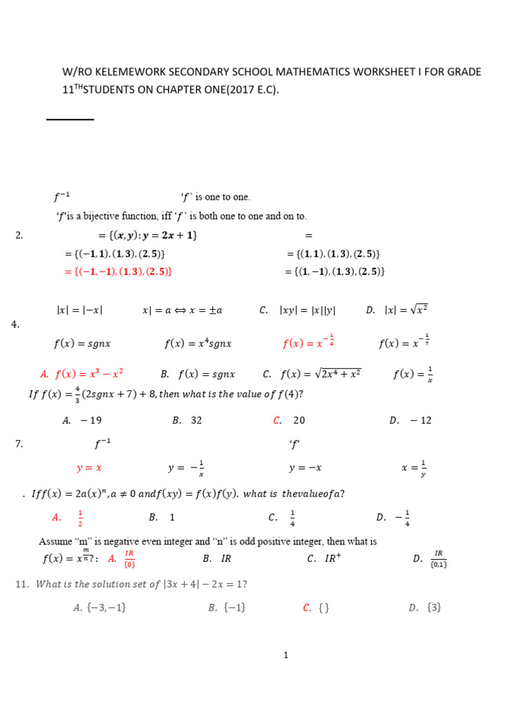 Grade 11 Math Worksheet on Functions | PDF | Function (Mathematics ...