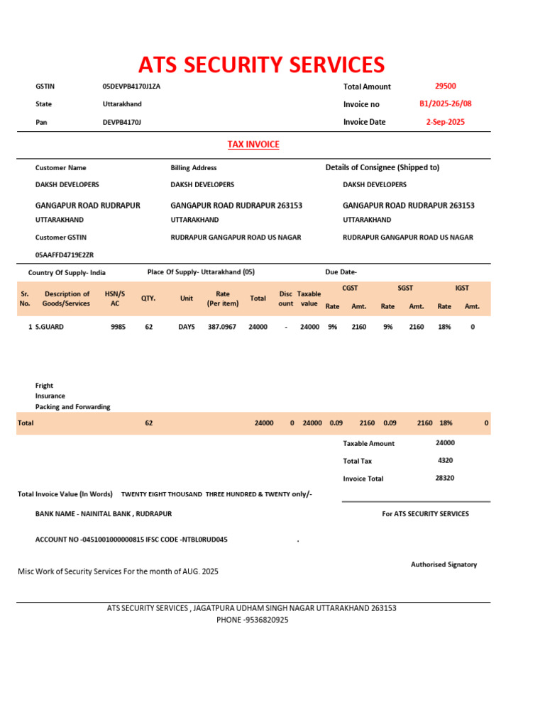GST Invoice for Security Services | PDF | Sales | Trade