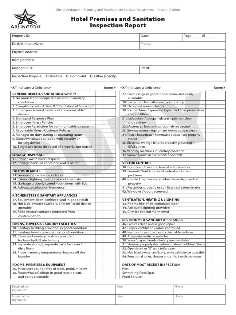 Arlington Hotel Sanitation Inspection Report | PDF | Sanitation | Bathroom