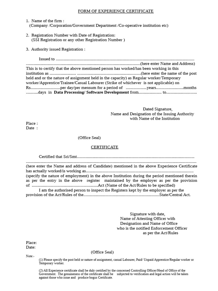 Experience Certificate Format Guide | PDF
