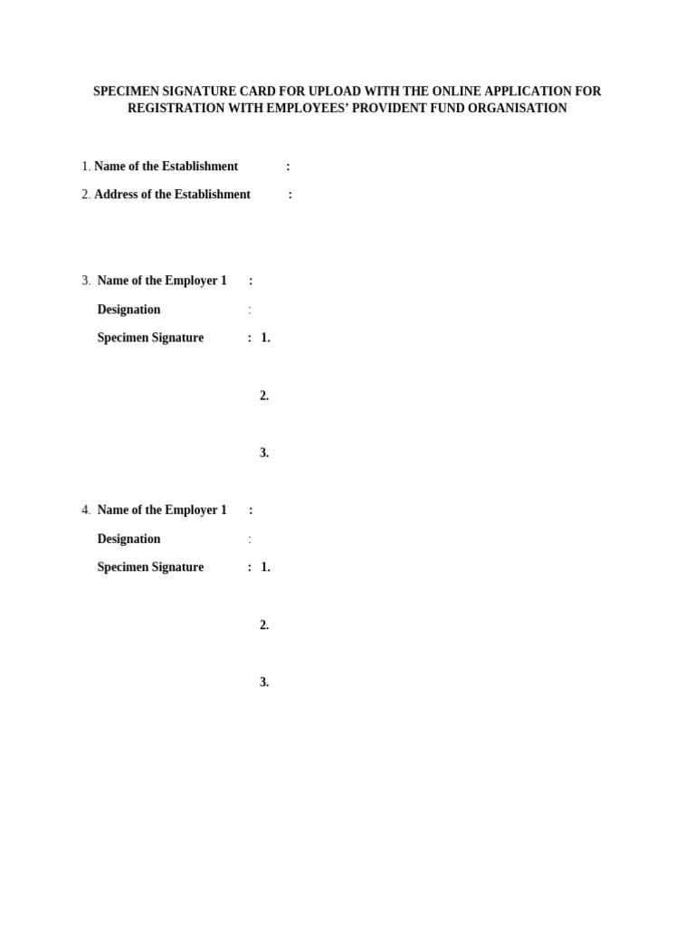 Specimen Signature Card for EPFO | PDF