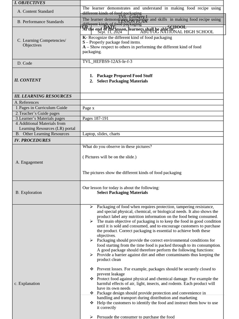 Food Packaging Lesson Plan for Grade 11 | PDF | Learning | Foods