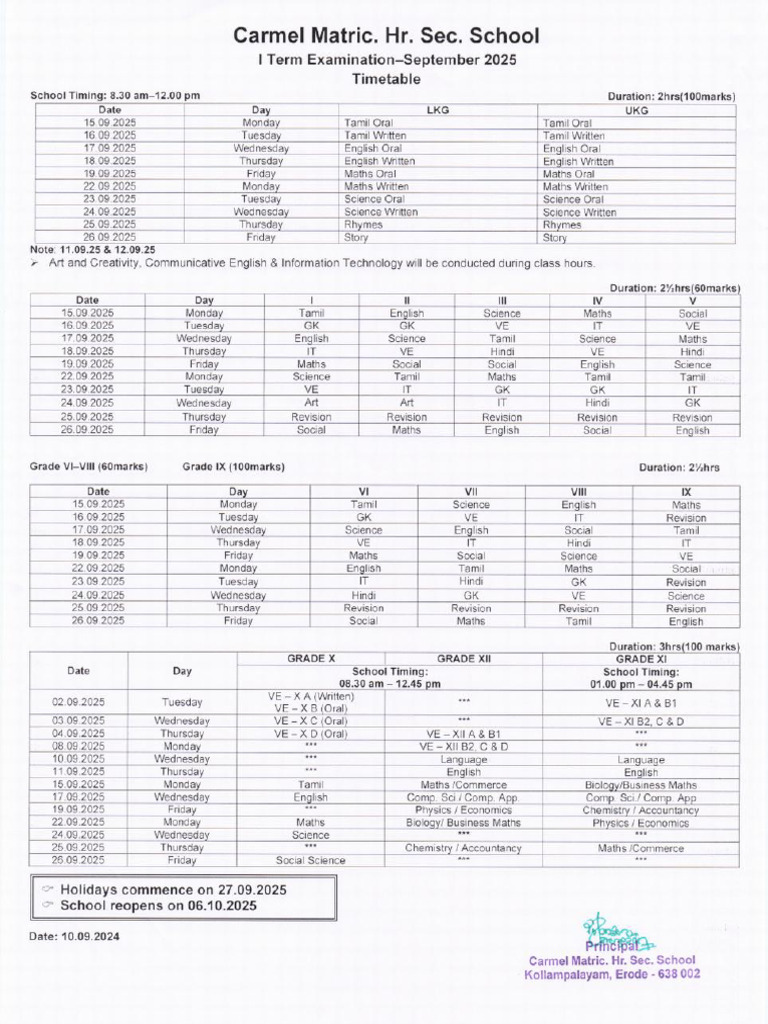 I Term Exam Time Table-2025 | PDF