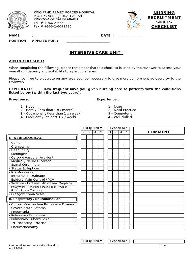 ICU Nursing Recruitment Skills Checklist | PDF | Heart | Major Trauma
