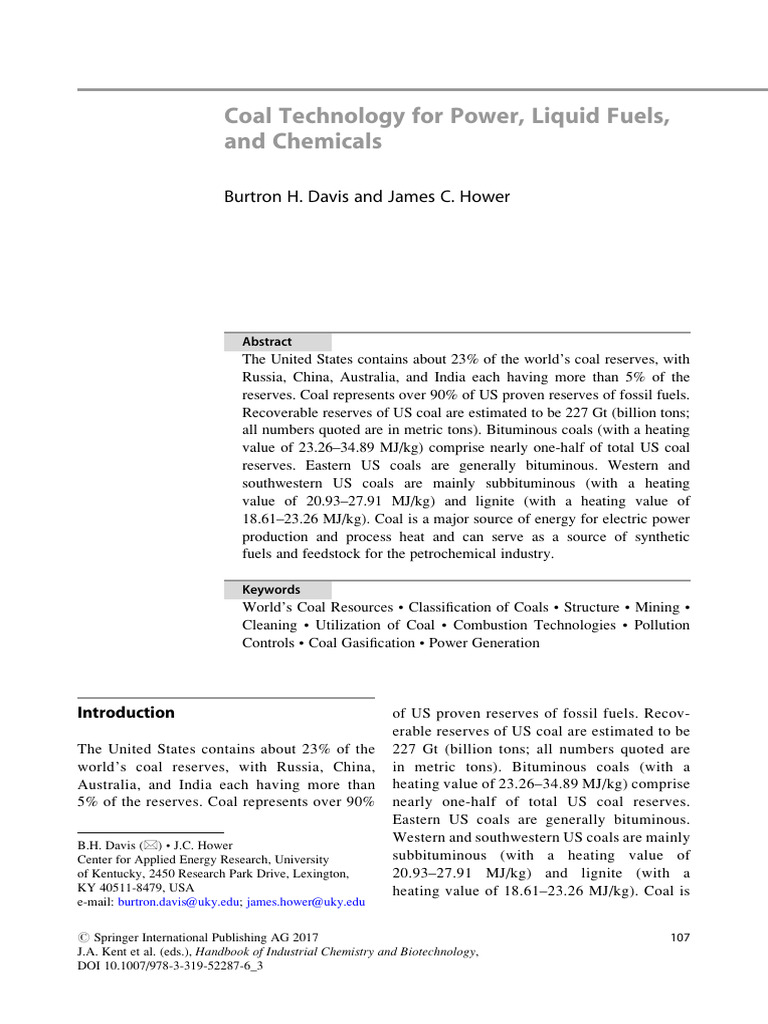 03-Coal Technology For Power, Liquid Fuels, and Chemicals | PDF | Coal ...