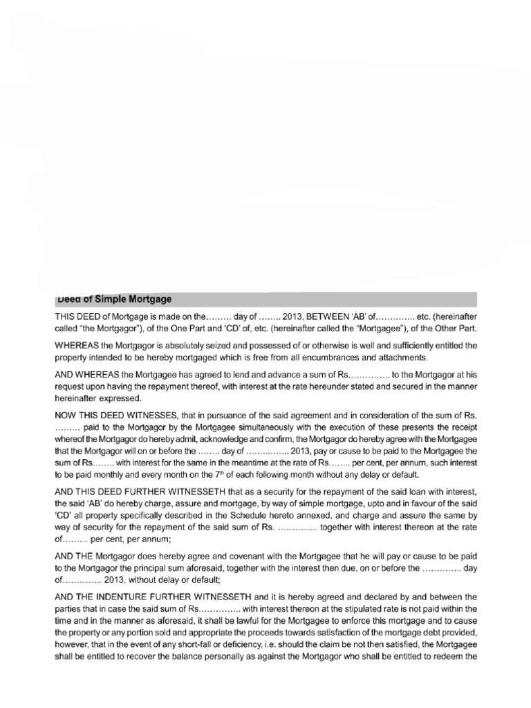 Deed of Simple Mortgage | PDF