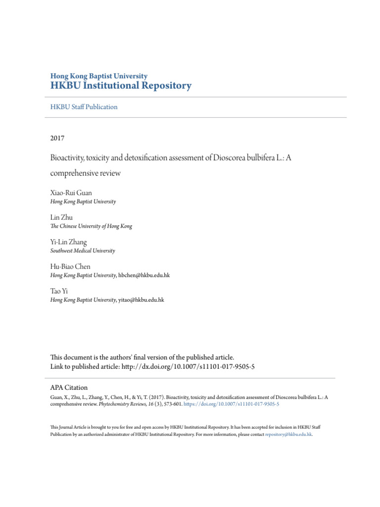 Bioactivity Toxicity and Detoxification Assessment of Dioscorea | PDF ...