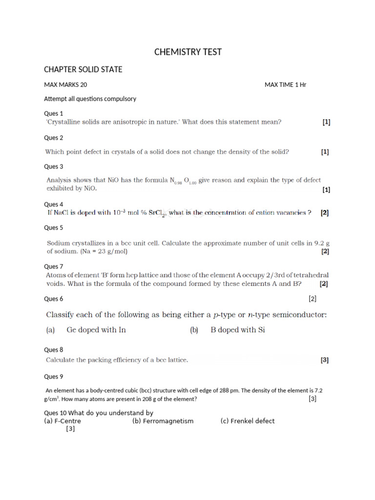 Chemistry Test Solid State | PDF