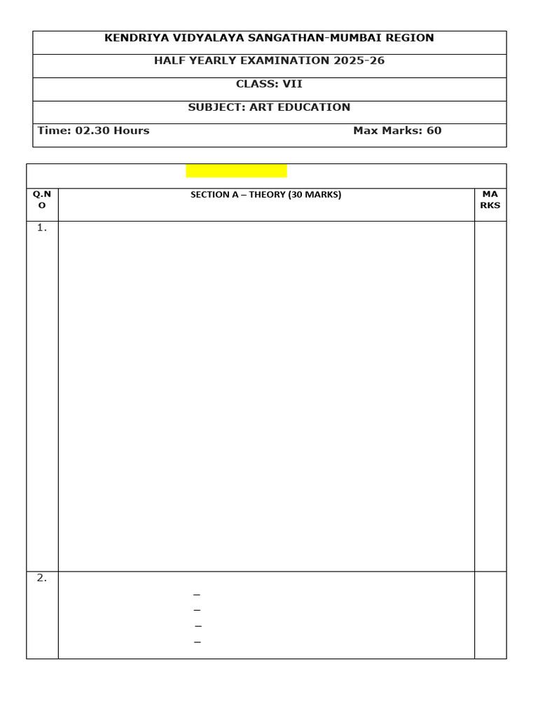 Class 7 Art Education Sample Paper 2025 | PDF