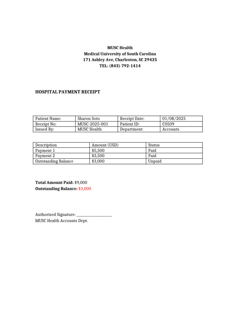 Hospital Receipt MUSC Sharon Soto | PDF