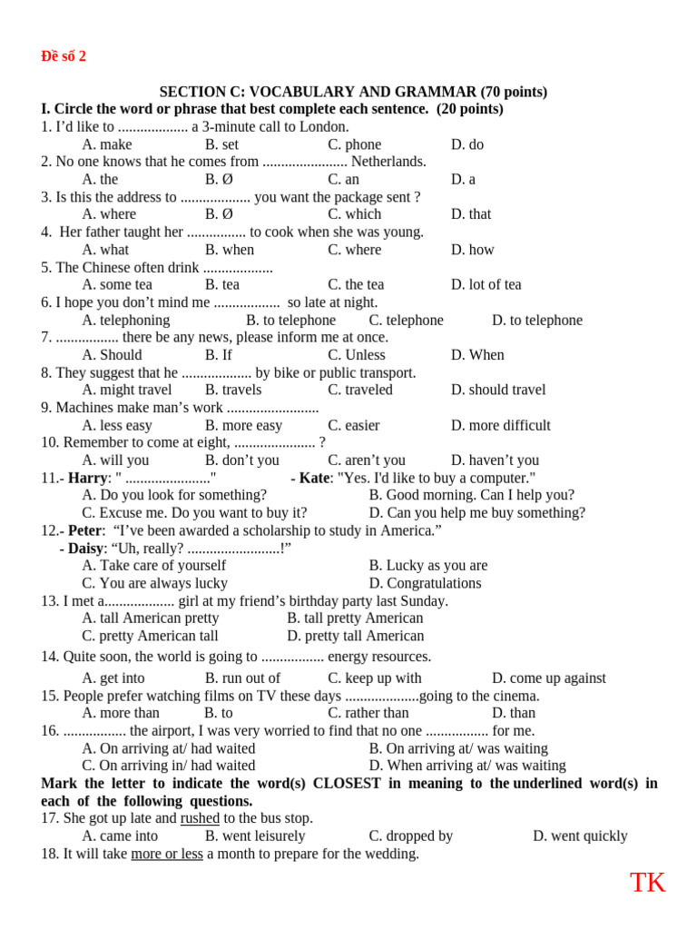Vocabulary and Grammar Test Document | PDF | Water | William Mc Kinley