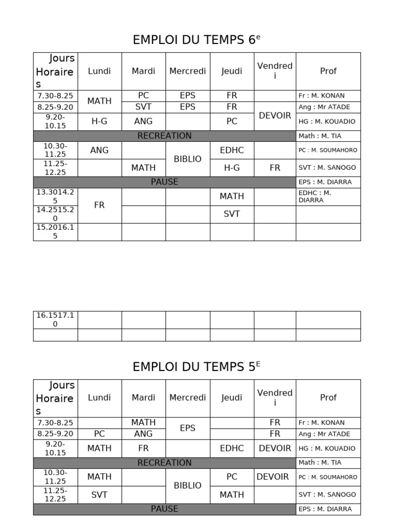 Emploi du Temps Scolaire 6e à 3e | PDF