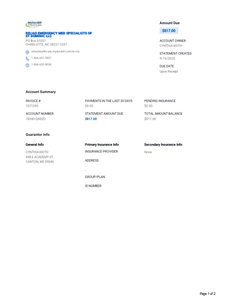 Amount Due: Relias Emergency Med Specialists of Relias Emergency Med ...