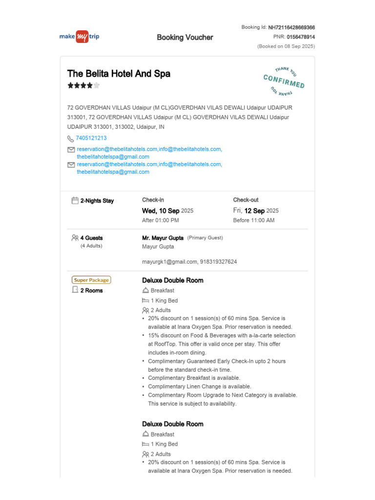Deluxe Double Room Booking Details | PDF