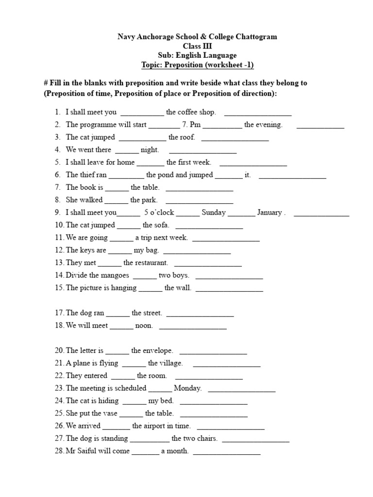 Prepositions Worksheet for Class III | PDF