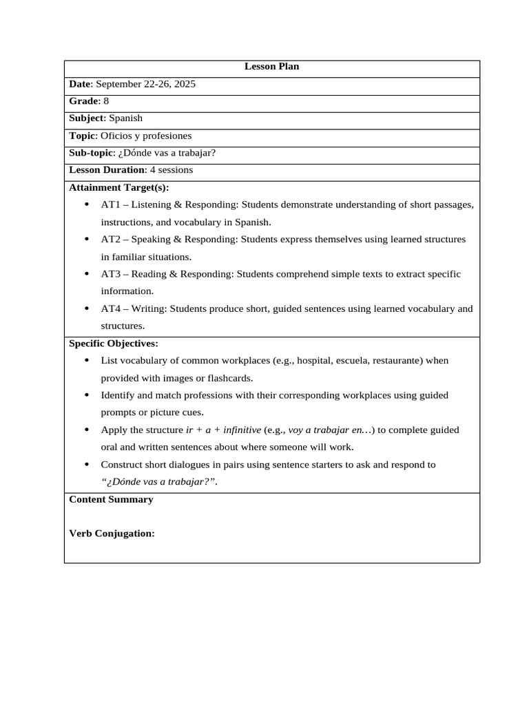 Spanish Lesson Plan: Professions & Work Hours | PDF | Grammar | Human ...