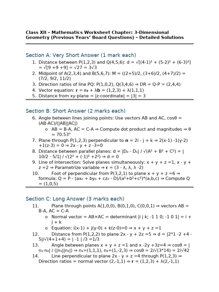 3D Geometry Worksheet Solutions | PDF | Line (Geometry) | Mathematical ...