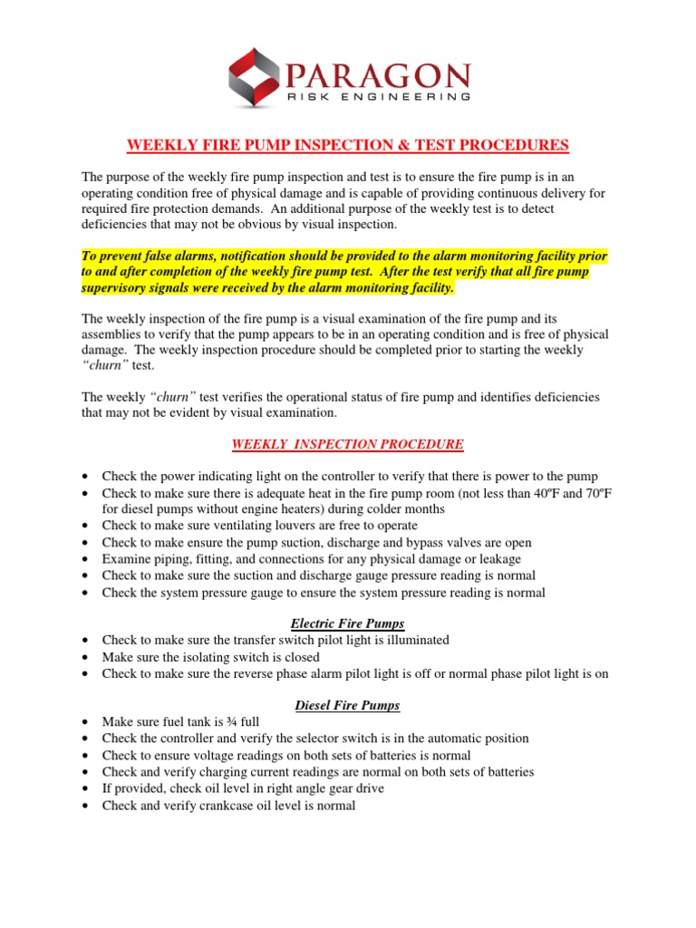 Weekly Fire Pump Inspection Test Procedures Pump Diesel Engine