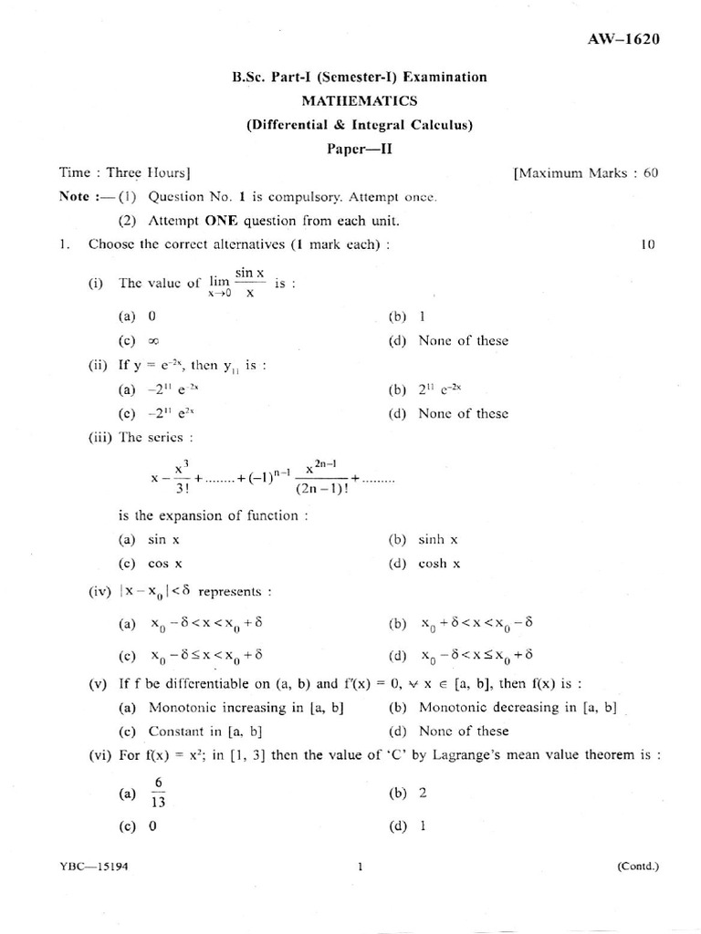 B.Sc Mathematics Exam Paper II Guide | PDF | Calculus | Mathematical ...